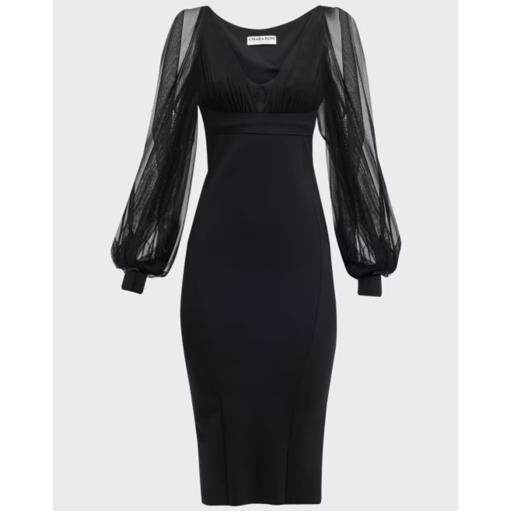 Chiara Boni La Petite Robe Perlita Illusion Blouson Sleeve Dress Black US 12